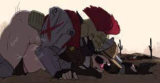 1boy 1girls ambiguous penetration armor ass big dom small sub  blood blush blushing caesar's legion clothed clothed sex corpse defeated  detailed background dry humping embarrased fallout fallout new vegas
