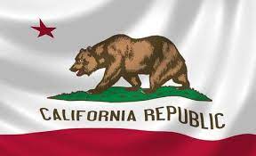 State flag consisting of a white field (background) with a grizzly bear above the words california republic and a red stripe; California State Flag