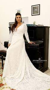 Elegant Plus Size Full Lace Wedding Gown With A Line Skirt With Long Train And Long Lace Sleeves Seline Studio Levana Brudklanning