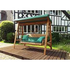 Designed with a strong a frame structure, the attached seat will gently swing back and forth enabling you to relax peacefully in your garden under the shade of the canopy. Charles Taylor Three Seat Swing Green Canopy Green Cushion Set Plus 2 Free Scatter Cushions Fully