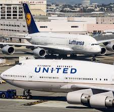 Airbus is in middle of a sales push for the a380. United Airlines 747 422 And Lufthansa A380 800 At San Francisco International Airpor San Francisco International Airport United Airlines Chicago O Hare Airport