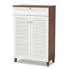 Unlike a cluttered closest, the open slats on the shoe rack provide an unrestricted airflow, which reduces stinky odors. Coolidge 5 Shelf Wood Shoe Cabinet With Drawer White Walnut Baxton Studio Target