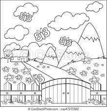 The #1 website for free printable coloring pages. Small Country House Meadow And Wooden Fence Vector Coloring Page Landscape With A Country House In A Meadow With Flowers Canstock
