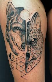 Half Geometric Wolf Face Thigh Tattoo Geometric Wolf Tattoo Tattoos Geometric Animal Tattoo