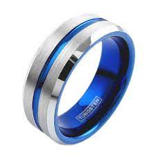 Men S Tungsten Carbide Two Tone Wedding Band Cobalt Blue Inner And Beveled Edge Mens Wedding Rings Rings For Men Silver Tungsten