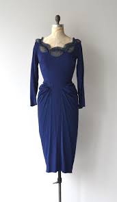 Fetching Late 1940s Early 1950s Navy Blue Rayon Cocktail Dress With Tulle And Beaded Open Neckline Sle Cocktail Dress Vintage Vintage Dresses Forties Fashion