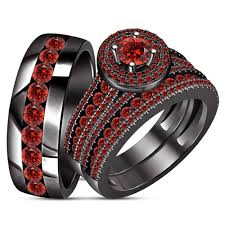 Black And Red Wedding Ring Sets Bride Groom Wedding Ring Red Garnet Trio Set 14k Black Gold Plated 925 Silver With Images Trio Ring Engagement Ring Wedding Band Wedding Ring Bands