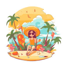 استراحة الربيع المتجه, ملصق Clipart فتاة في قبعة بنية الاسترخاء مع مناشف  الشاطئ على خلفية الكرتون على غرار, ملصق, قصاصة فنية PNG والمتجهات للتحميل  مجانا