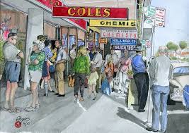 Saturday Morning Shopping Coles Nerang Street Southport 1968 Ish A Pen And Watercolour Work I Completed De Morning Shopping Pen And Watercolor Southport