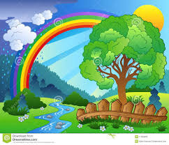 Illustration About Landscape With Rainbow And Tree Illustration Illustration Of Rain Scene Cartoon Scenery Drawing For Kids Rainbow Tree Kids Nursery Art