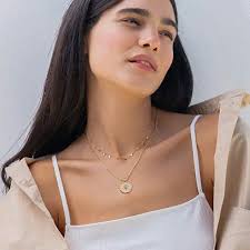 Collar con colgante de ojo malvado de oro de 18 quilates con forma de luna, estrella,  león, medallón, cadena con clip, joyería en capas para mujeres y niñas