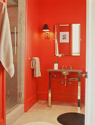 Guest bathroom with walk in shower, subway tiles, red vanity, and a concrete countertop. 15 Stunningly Hot Red Bathroom Designs Home Design Lover