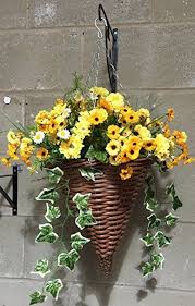 Artificial hanging baskets from evergreen direct look real but require zero maintenance! Artificial Flowers Hanging Cone Outdoor Yellow Mix Basket And Bark Artificial Flowers Artificial Hanging Baskets Flowers