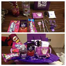 A cute idea for a gift! Gift For My Sister All Purple Basket Basket From Michael S With Food Birthday Gifts For Boyfriend Diy Gift Baskets For Him Birthday Gifts For Bestfriends