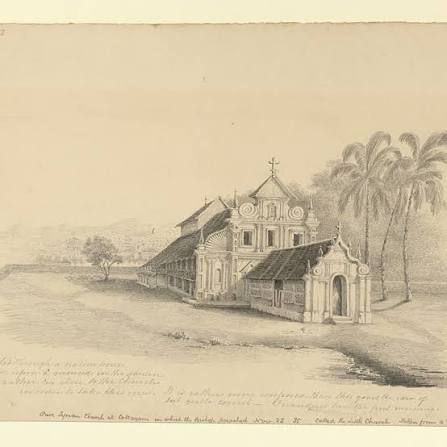 Pencil drawing of a Syrian church at Kottayam by Josiah Bateman in 1835. Inscribed on the front is: 'I scrambled through a native house and stood upon a mound in the garden