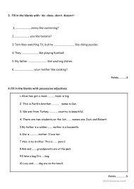 Fill In Do Does Don T Or Doesn T Final Exam Grade 5 Exam English Exam Possessive Adjectives
