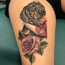 Neo Traditional Tattoo With Dog Portrait Http Www Retroj Am Traditional Tattoos Dog Portrait Tattoo Dog Tattoos Traditional Tattoo Dog
