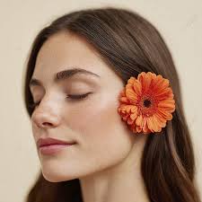 Donna Con I Capelli Castani Dritti Occhi Chiusi E Un Fiore Di Gerbera  Arancione Nellorecchio Su Uno Sfondo Beige, Donna, Marrone, Capelli  Immagine di sfondo per il download gratuito