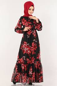 Modaselvim Elbise Cicek Desenli Sifon Elbise 1193ant317 Siyah Muslim Dress Dresses Long Dress