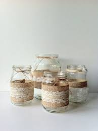 Variety Rustic Glass Jar Collection Set Of Four 4 Vintage Hessian Burlap And Lace Wedding Decoration Lace Wedding Decorations Wedding Jars Wedding Table Decorations