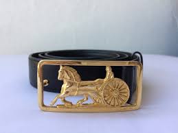 Black And Gold Carriage Vintage Celine Belt Black Leather Gold Logo Horse Carriage Buckle Belt Chariot Buckle 75 Italian Design Sz 26 27 28 Made In Italy Black Leather Belt Gold Logo