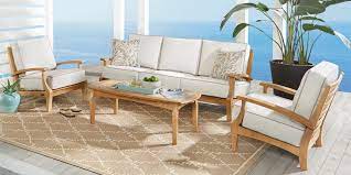 Pleasant Bay Teak Tan 6 Pc Outdoor Seating Set With White Sand Cushions Outdoor Seating Set Outdoor Patio Furniture Sets Patio Furniture For Sale