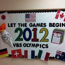Let The Games Begin Adaptable Bulletin Board For An Olympics Theme Vbs Olympics Olympic Theme Olympic Bulletin Board