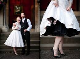 A 1950 S Candy Anthony Gown A Black Petticoat And Bespoke Blahnik Heels Love My Dress Uk Wedding Blog Wedding Directory Black White Wedding Dress Colored Wedding Dresses Short Bridal Dress