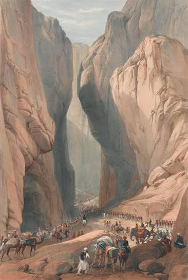 Balochs in the Bolan Pass (sniping down the British invaders passing through their territory towards Kandahar), 1839. Sketch by James Atkinson.