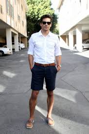 Men S White Long Sleeve Shirt Navy Shorts Brown Leather Boat Shoes Brown Leather Belt Stylish Mens Outfits Mens Fashion Casual Mens Fashion Summer