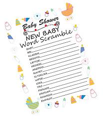 There are 30 words to unscramble and the solution is included, but no peeking! Partystuff Baby Shower Theme Paper Games Baby Shower Word Scamble Word Jumble 8 Cards Amazon In Home Kitchen