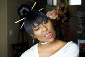 Choppy Bangs W High Bun And Chopsticks Natural Hair Blown Out And Brushed Into A High Ponytail Edges Controll Natural Hair Styles Chopstick Hair Hair Styles