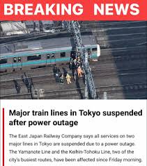 Japan - A power outage has brought two of Tokyo's busiest train lines to a halt. Services on the Yamanote and Keihin-Tohoku lines have been suspended as of 11:30 a.m. on Friday,