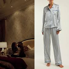 Black And White Striped Silk Pajamas Fallon Carrington Wears This Morgan Lane Ruthie Blue And White Striped Silk Pajama Set On Dynasty 2x01 Silk Pajama Set Silk Pajamas Pajama Outfits