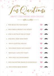 Questions about the bride and groom's relationship. Bridal Shower Games Wedding Shower Bachelorette Pink Gold Bride Groom Trivia Game Couple Game In Wedding Party Games Wedding Shower Games Bridal Bingo