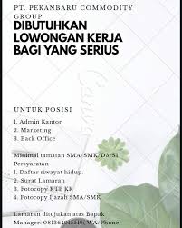 Ada perusahaan yang sedang membuka kesempatan lowongan kerja pt solid group, analyst, communications consultant, junior architect dan banyak lagi melalui indeed.com. Lowongan Kerja Pt Pekanbaru Commodity Group Karir Riau