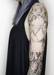 Mountain And Floral Black White Sleeve Tattoo Sleeve Tattoos Best Sleeve Tattoos Sleeve Tattoos For Women