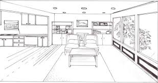 1 Point Perspective Family Room With Open Wall Into Kitchen Pemandangan