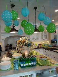 Kitchen Area Balloons Hung From The Ceiling At Various Lengths Blue Green Jones Sod Boy Baby Shower Themes Green Baby Shower Baby Shower Decorations For Boys