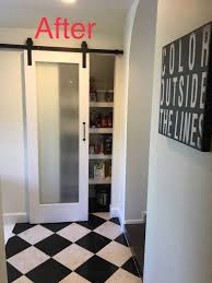Black And White Barn Door Wet Bar Transformed To Pantry With Sliding Barn Door With Frosted Glass Black And White Barn Door Sliding Pantry Doors Sliding Barn Door Closet