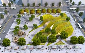 Original 100% hand painted watercolor. Rolling Green Ribbons Proposed For New Urban Park In Downtown La