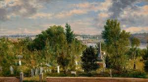 This is painted on uart paper with a dry nupastel underpainting. New England Landscape With Cemetery Possibly Medford Ma Painting George Loring Brown Oil Paintings