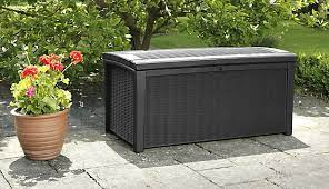 This bench measures as 130 x 60 x 85 centimetres and comes with a 320 litre storage space that keeps your materials safe from the elements and any wondering children. Keter Borneo Rattan Effect Plastic Garden Storage Box Diy At B Q