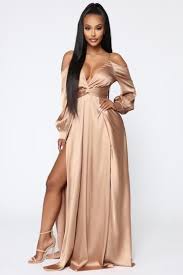 6 style tailored pants with a blouse or collared shirt. Mansion Dinner Party Satin Gown Gold Brown In 2021 Satin Gown Formal Wear Dresses Boho Dress