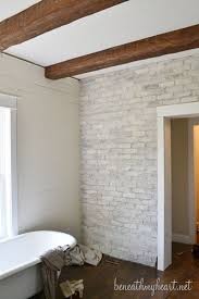 How To White Wash Brick Bathroom Update Beneath My Heart White Wash Brick Brick Bathroom Brick Accent Walls