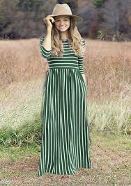 Army Green White Striped Draped Pockets Country Round Neck Casual Maxi Dress Maxi Dresses Casual Tunic Dresses Outfit Green Tunic Dress