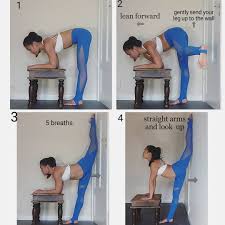 Yoga Wall Stretch For Splits And Natarajasana 1 Start Your Elbow On The Table 2 Lean Forward Bend Your Knee Wall Stretch Splits Stretches Flexibility Workout
