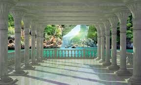 Vlies Fototapete 3d Ansicht 1367 Saulen Arkade Lagune Meer Terrasse Wald Berge Photo Wall Design Photo Wallpaper Mural Art