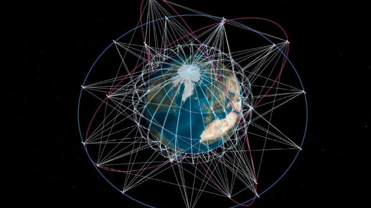 A rendering of an orbital satellite constellation representing the European Union's IRIS² infrastructure project.