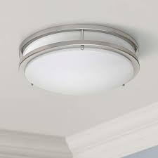Constructed of hand worked iron, it features a protective wire cage and stamped ceiling plate lending an authentic for a softer look go with mellow vintage brass, or for a splash of drama, choose brilliant polished nickel! Zaire Brushed Nickel 17 Wide Flushmount Led Ceiling Light 1c022 Lamps Plus